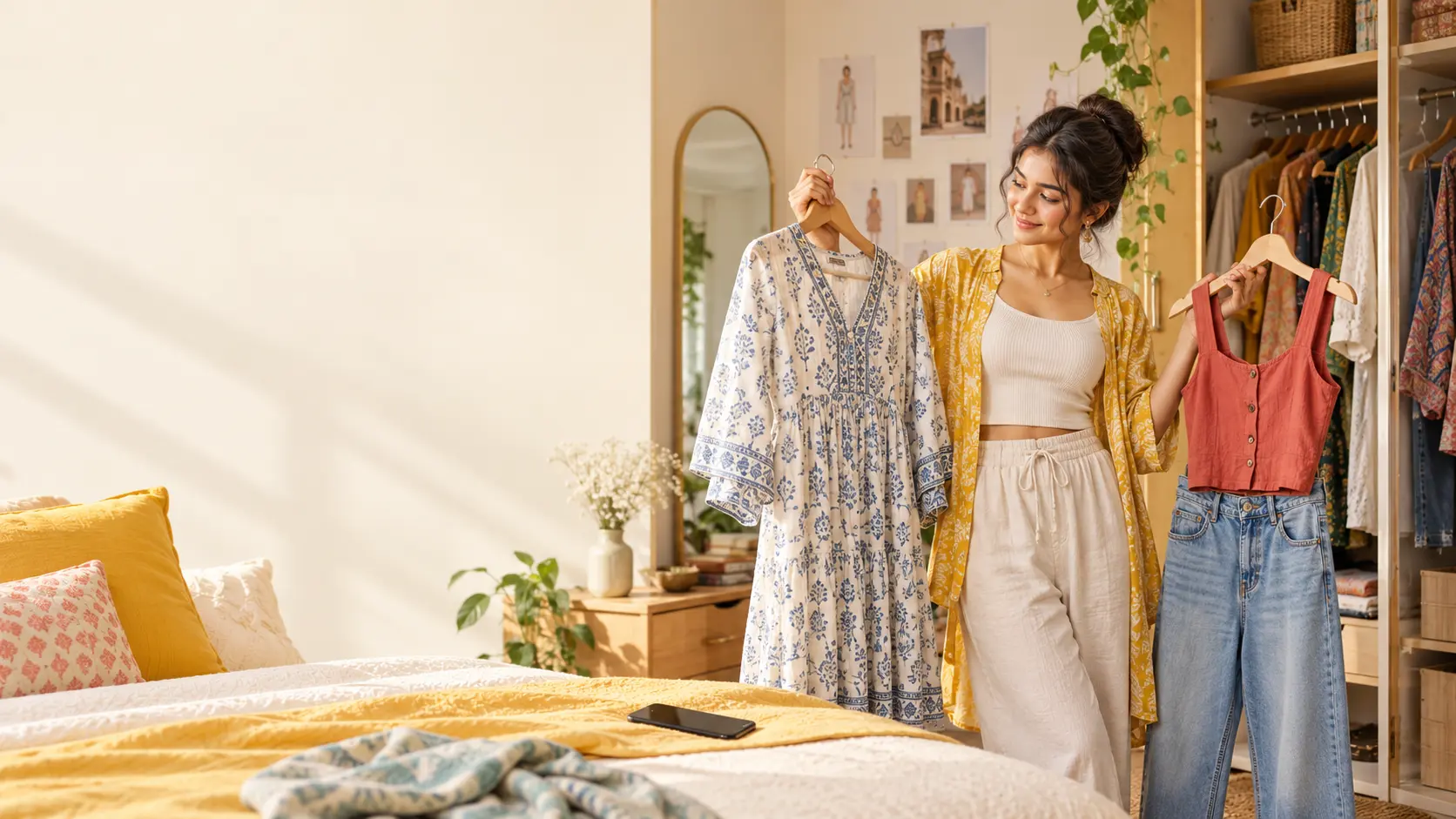 Young Indian woman choosing between two outfits beside her wardrobe in a bright bedroom