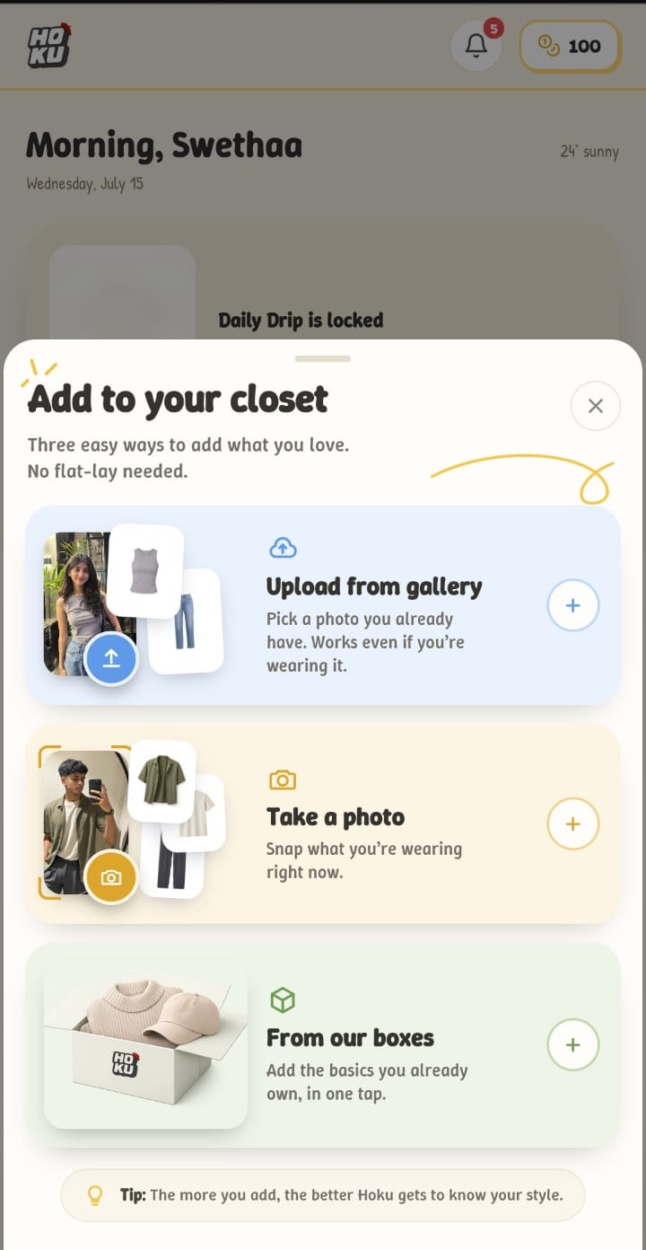 Hey Hoku add to closet screen